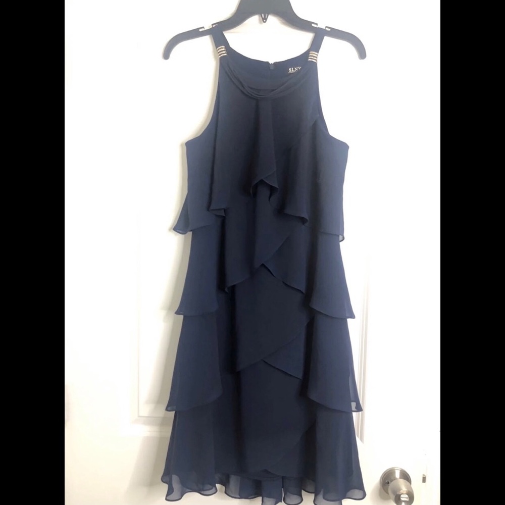 Embellished Strap Navy Blue Tiered Dress
